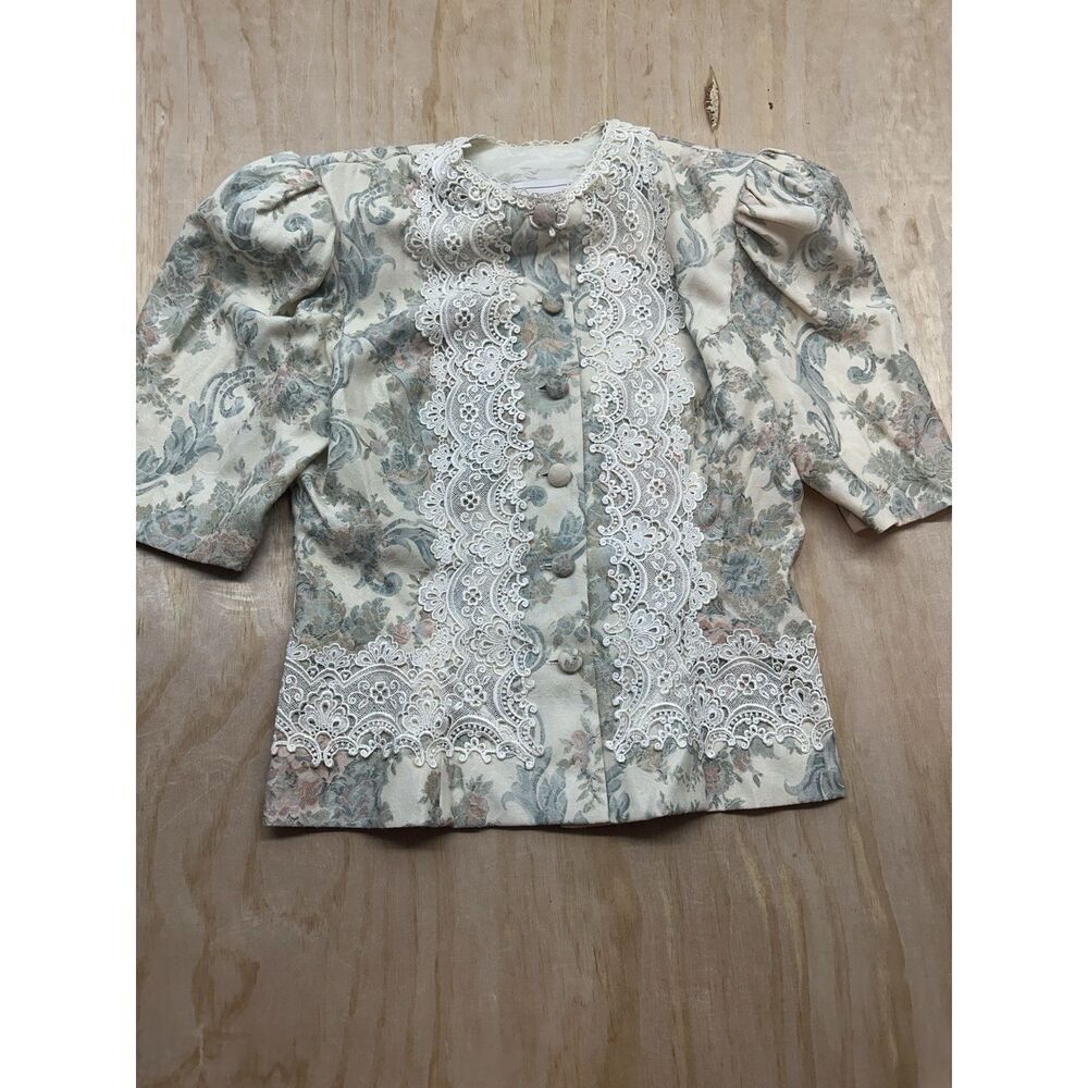 VTG Jessica McClintock Top Appliqué Button Up Lined Fitted 12 Cottage Core